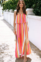 Stripe Overlay Strapless Maxi Dress with Slits