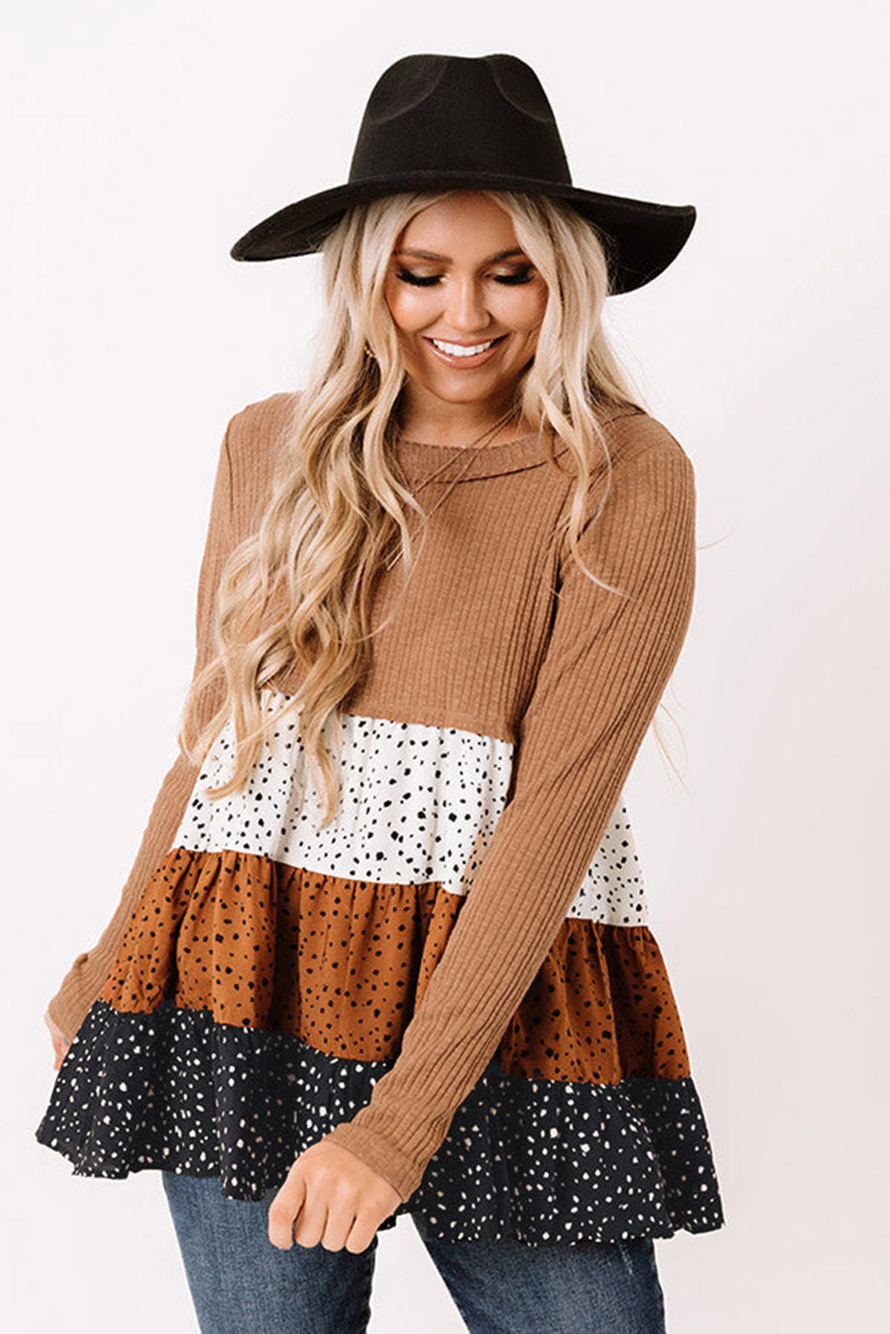 Brown Ribbed Long Sleeve Dotted Tiered Ruffled Flowy Top