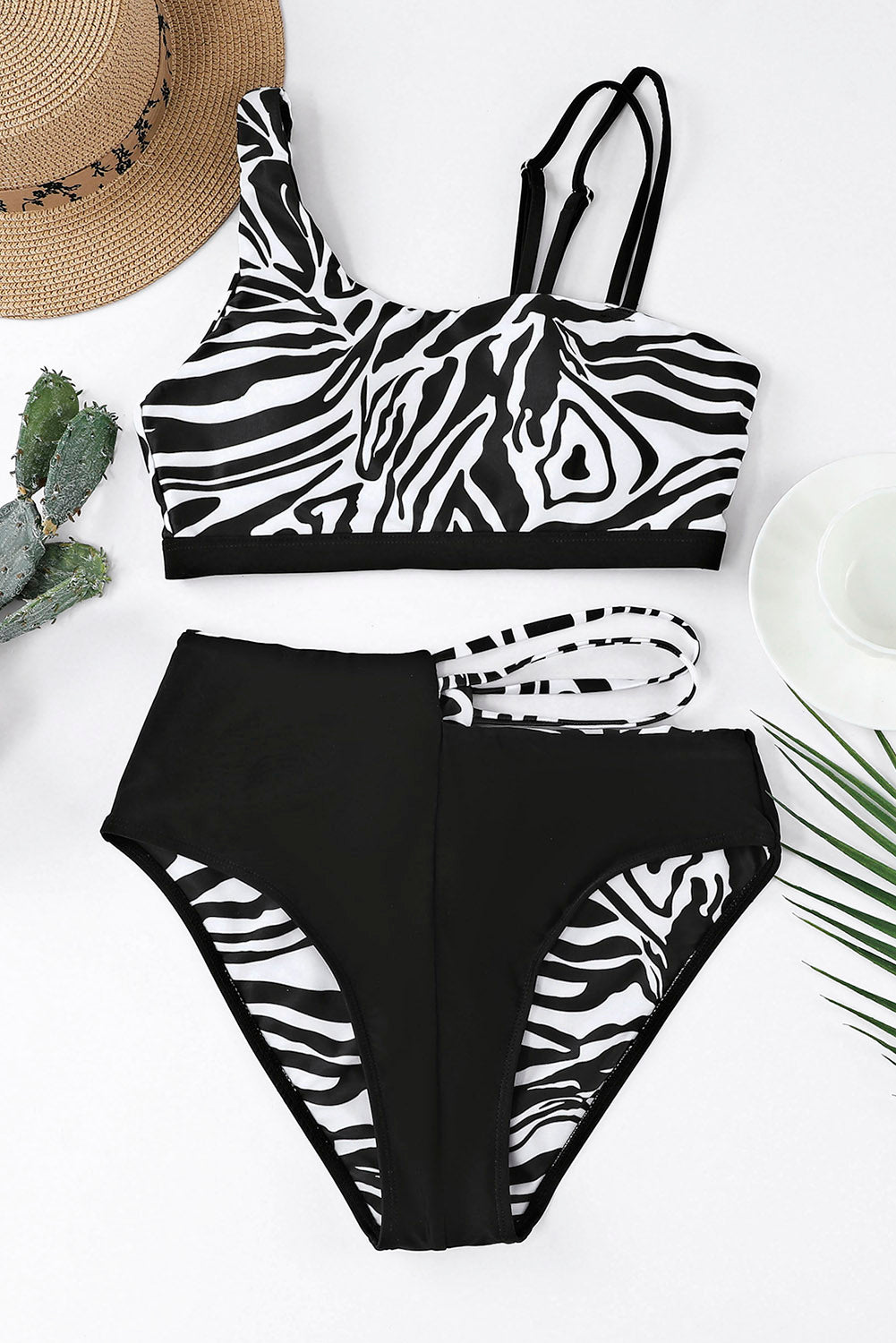 Black Asymmetric Strappy Zebra Print High Waist Bikini