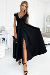 Black Cold Shoulder Ruched V Neck High Slit Dress