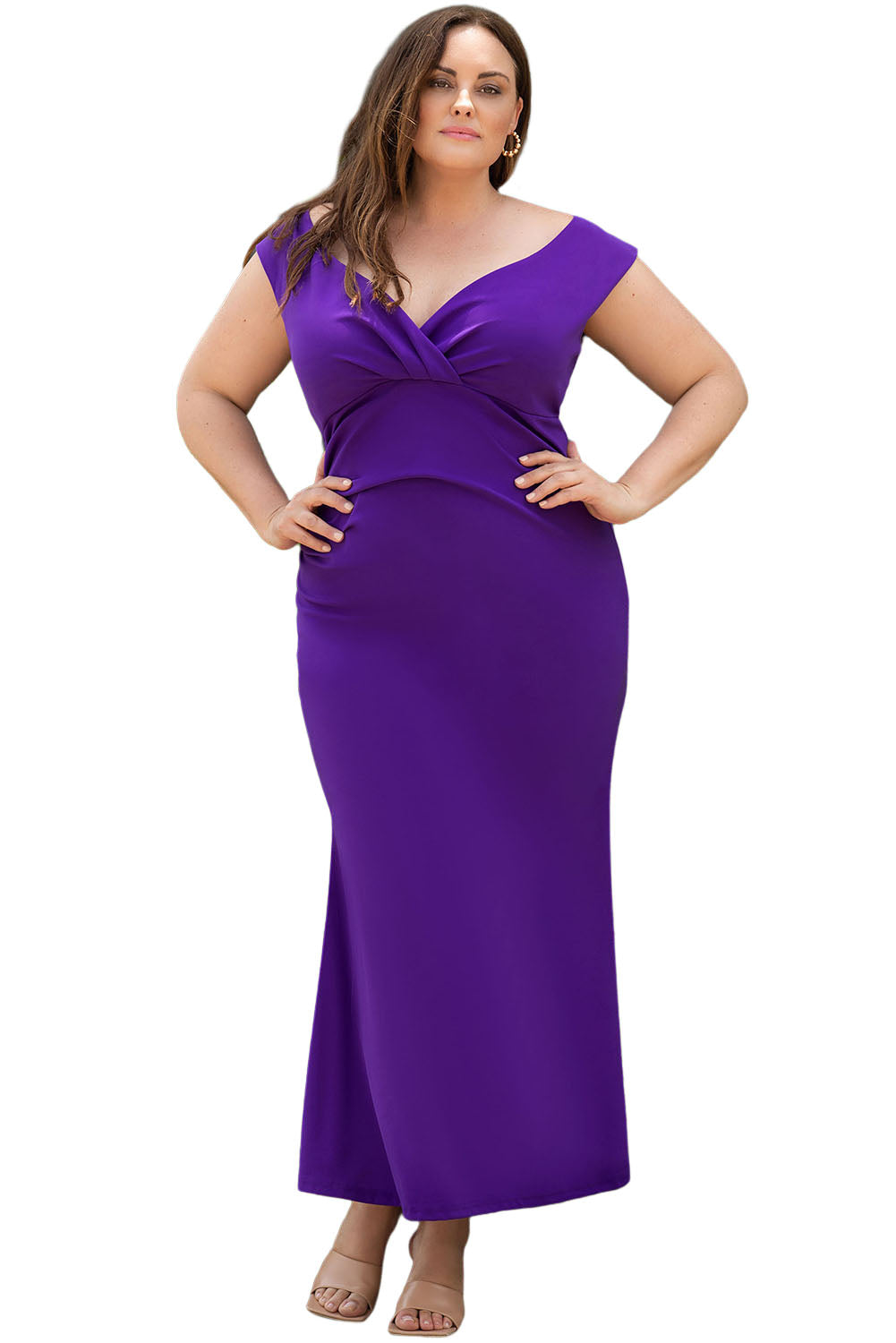 Purple Plus Size Fit and Flare Pleated V Neck Maxi Dress