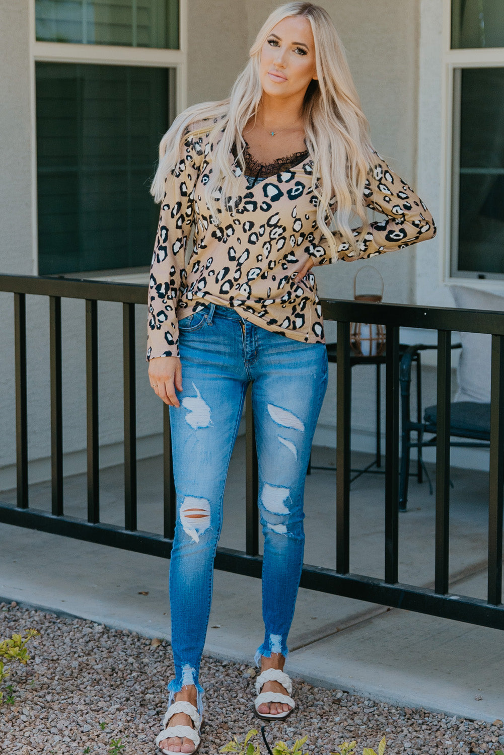 Leopard Print Lace Trim V Neck Top