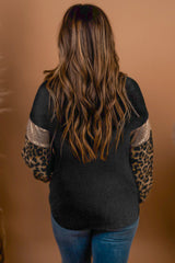 Black Plus Size Leopard Sequin Long Sleeve Top