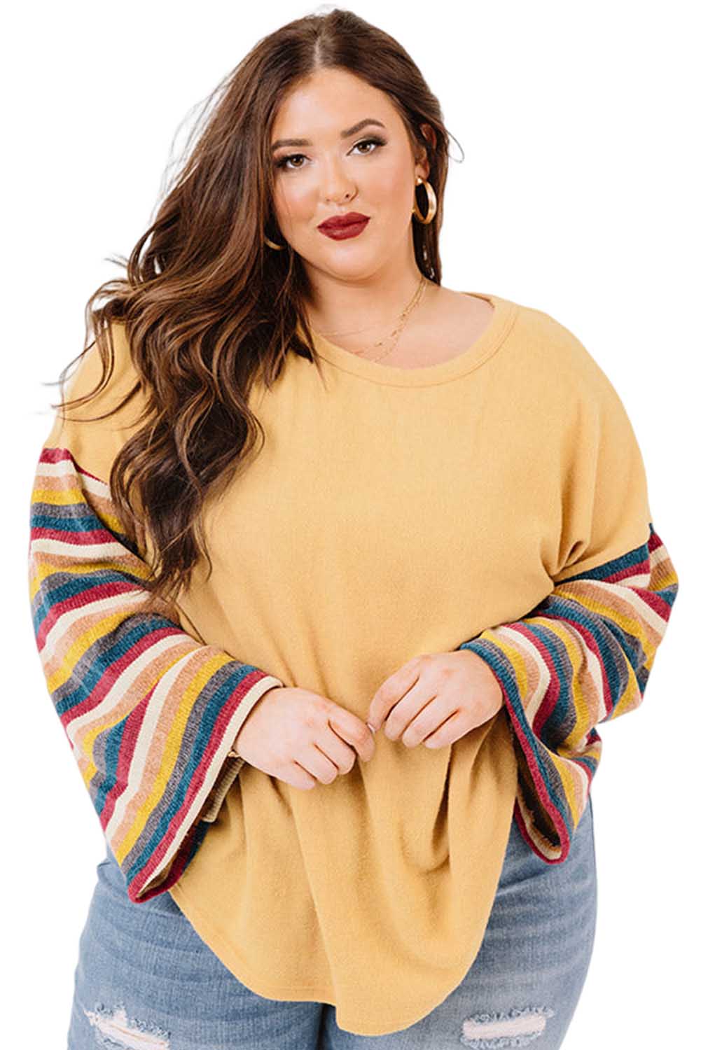 Yellow Serape Striped Bell Sleeve Plus Size Top