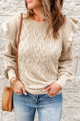 Green Frilled Shoulder Detail Cable Knit Sweater