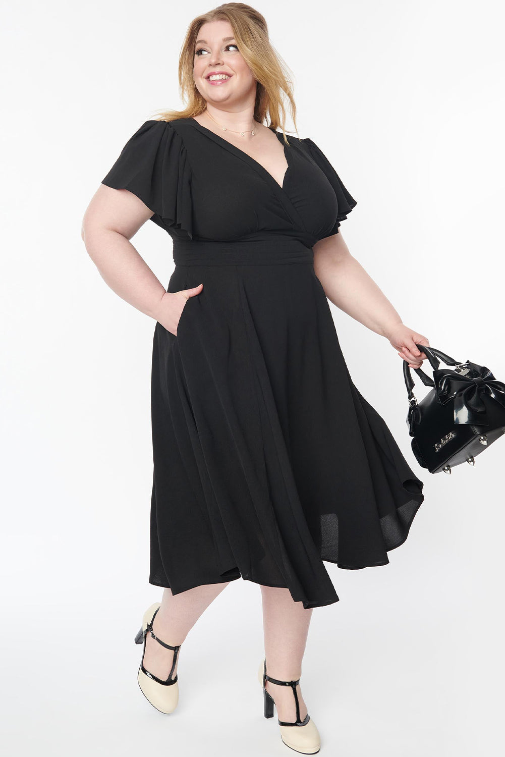 Black Plus Size Flutter Sleeve V Neck Midi Dress