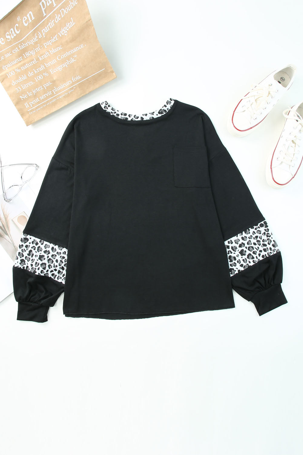 Black Leopard Print Balloon Sleeve Crew Neck Top