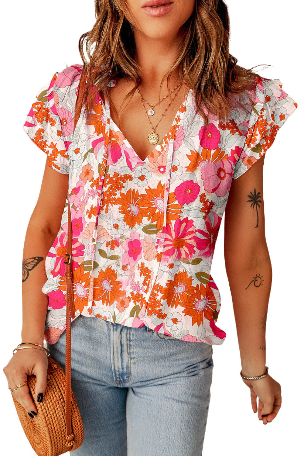 Purple Multicolor Flutter Floral Print Flowy Tank Top