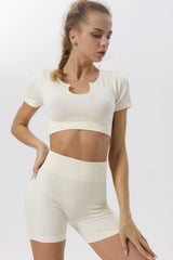 White Ribbed Short Sleeve Cropped Active Top