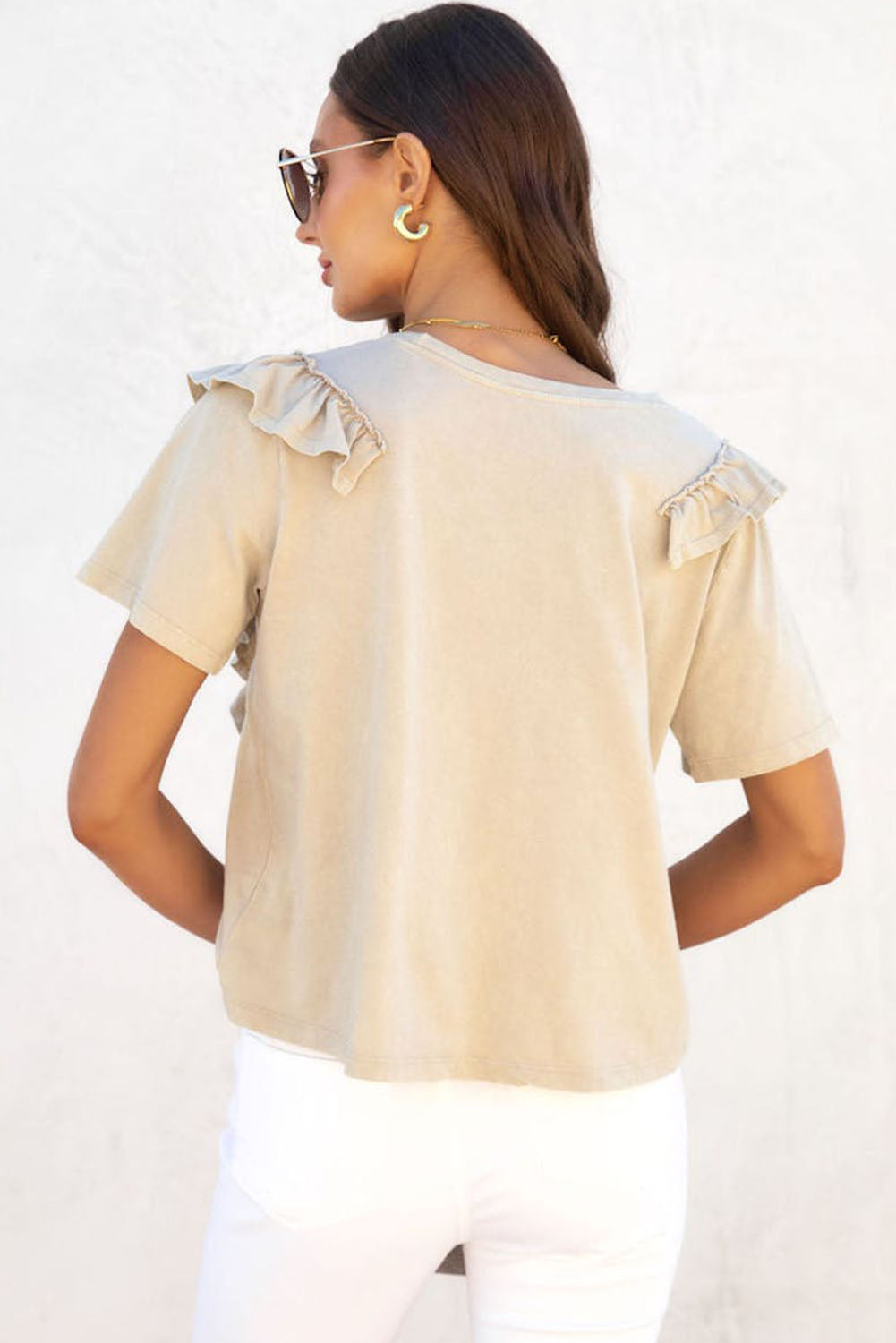 Khaki Solid Ruffle Trim Short Sleeve Top