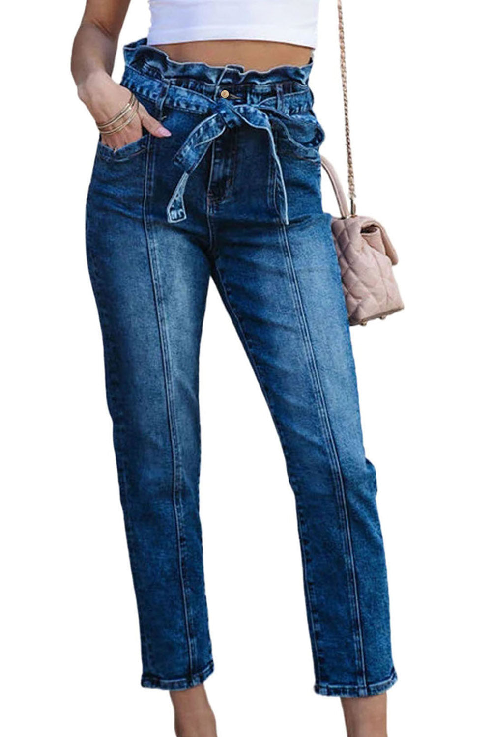 Blue Seamed Stitching High Waist Knot Skinny Jeans