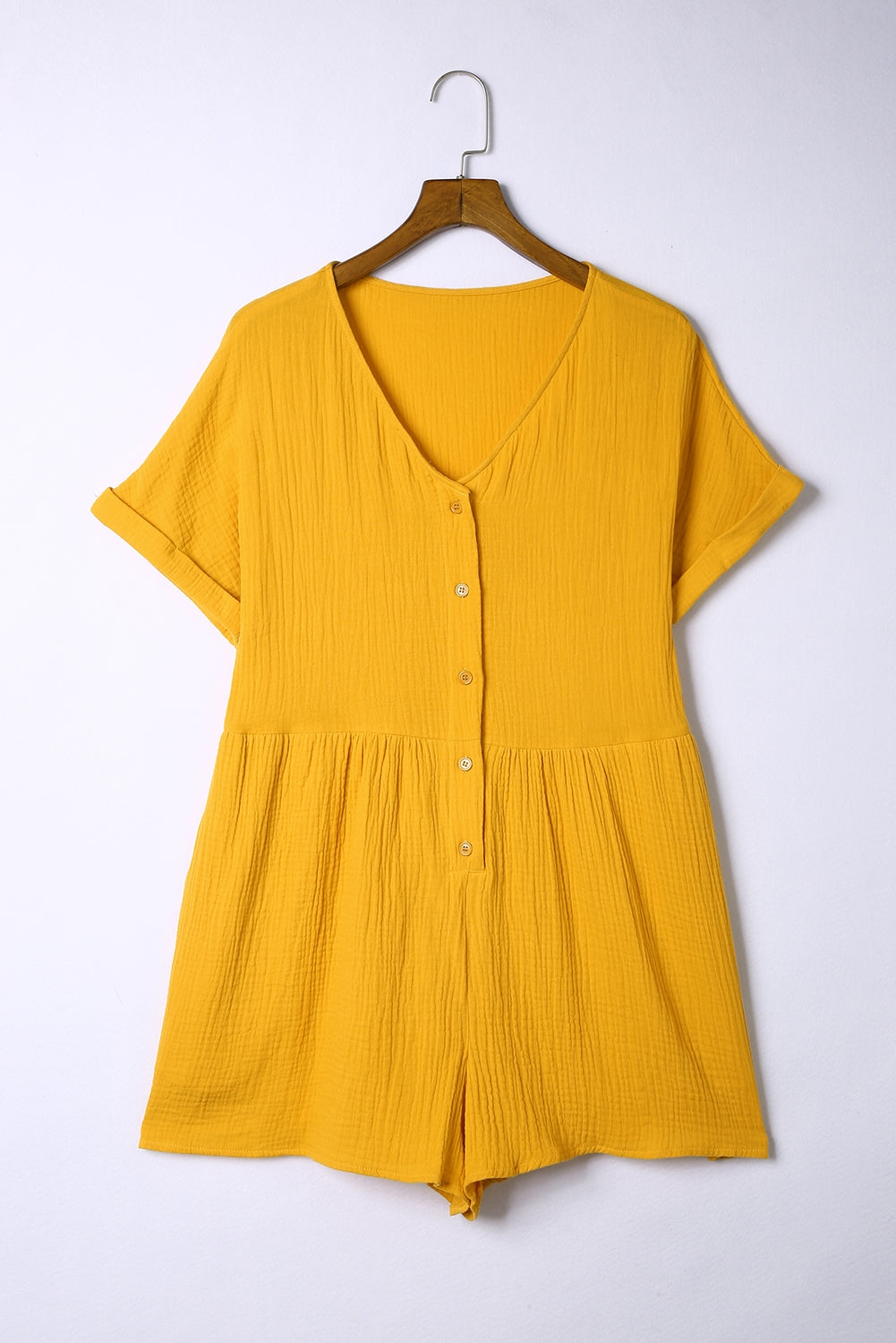 Yellow Button V Neck Crinkle Pocketed Romper