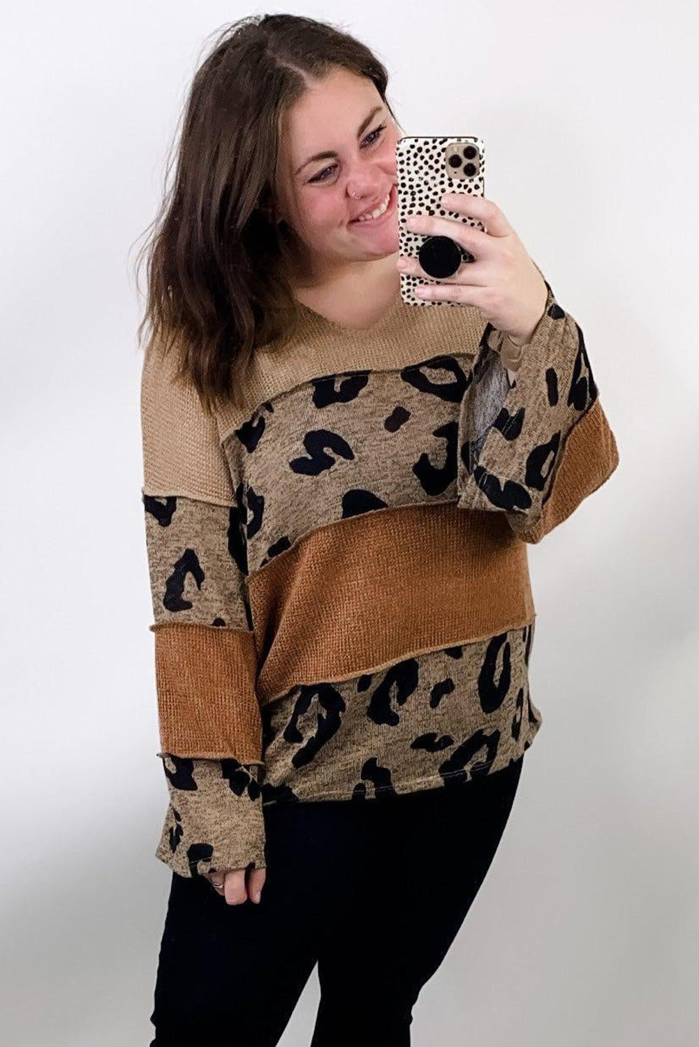 Leopard Colorblock Patchwork V-Neck Loose Sleeve Knit Top