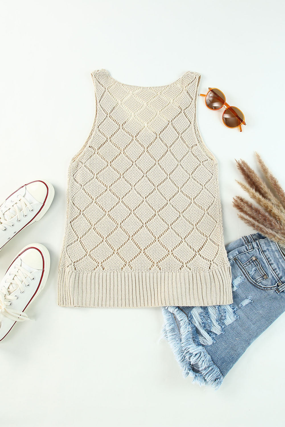 Khaki Rhombus Hollow-out Knitted Tank Top