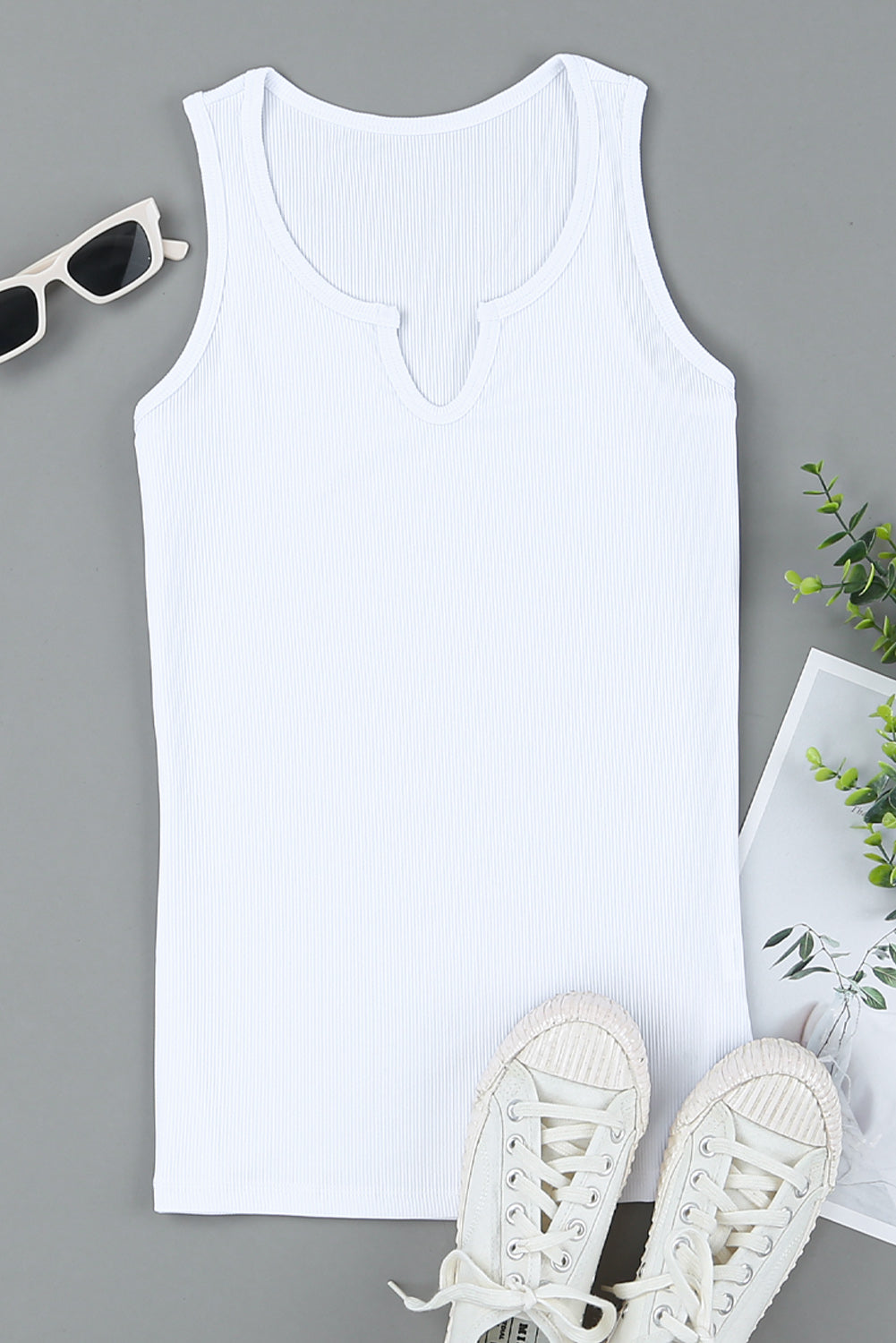 Rose Split Neck Ribbed Knit Tank Top