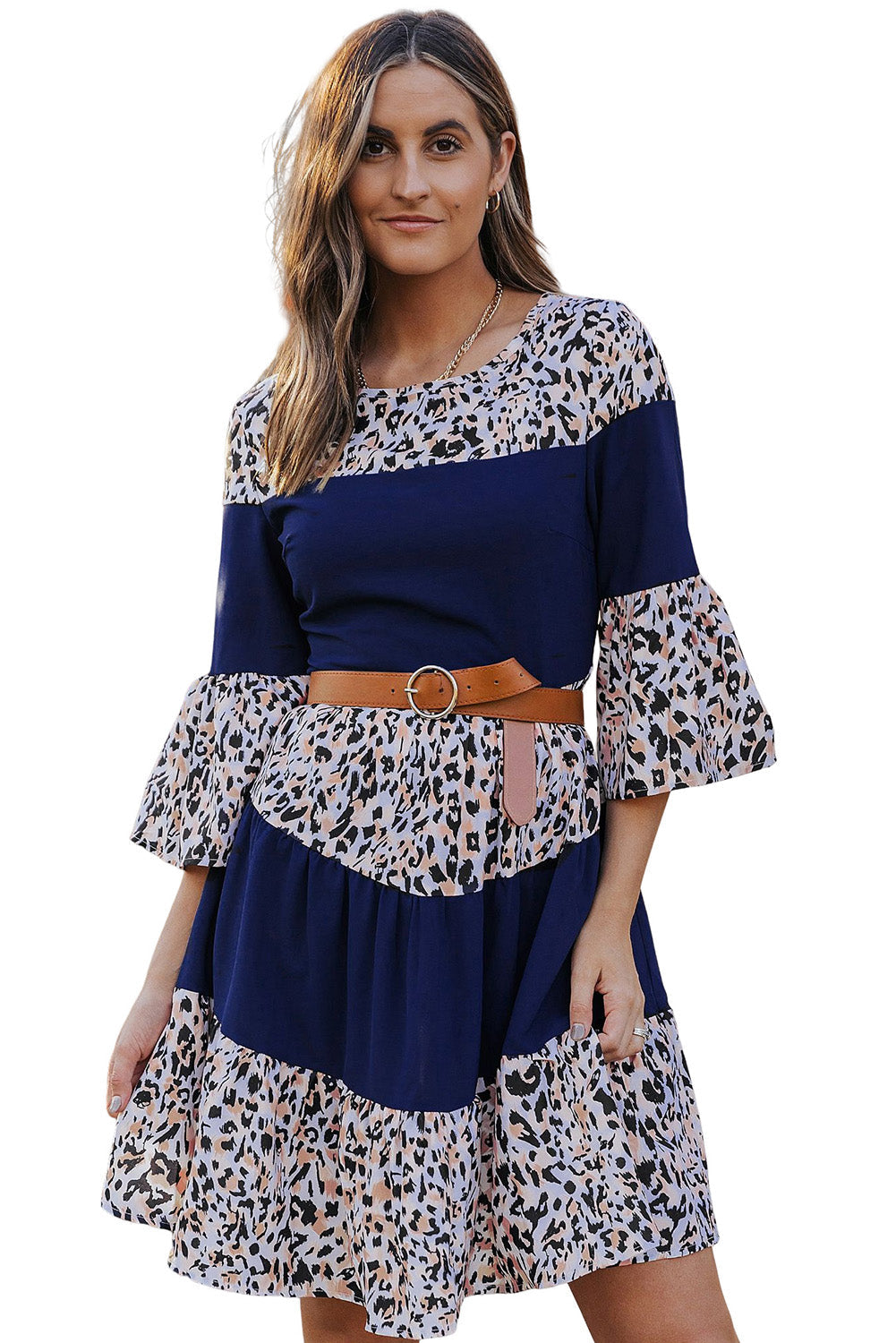 Leopard Splicing High Waist Long Sleeve Dress