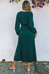 Green Pleated V Neck Wrap Waist Tie Dress