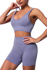 Gray-2 Spaghetti Strap Yoga Bra and Seamless Shorts Set