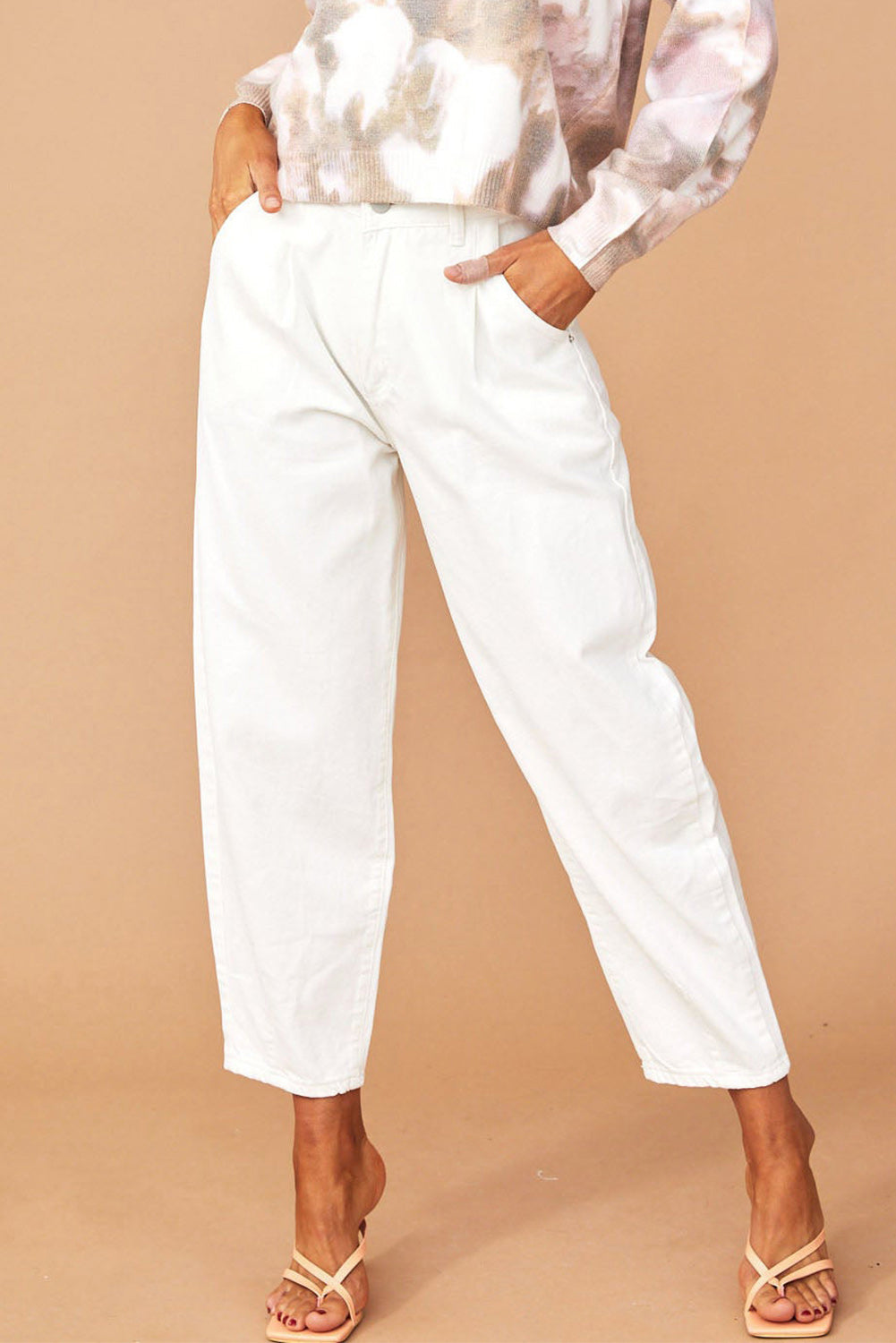 White Solid High Waist Casual Pants