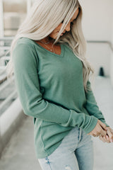 Green Ribbed V Neck Long Sleeve Top