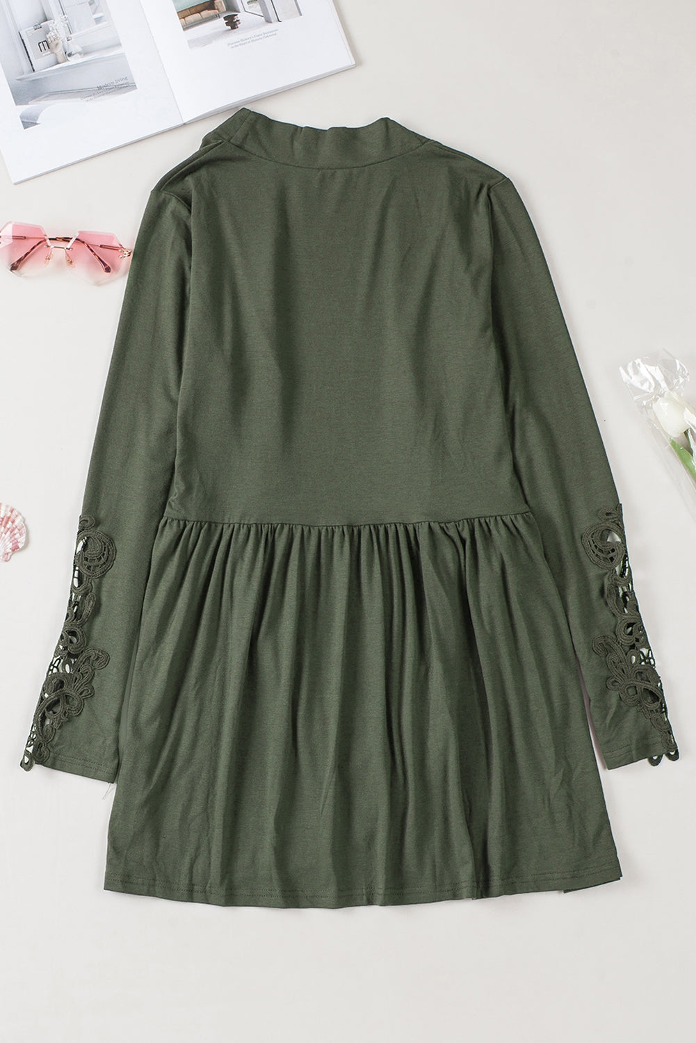 Green Lace Sleeve Knit Cardigan
