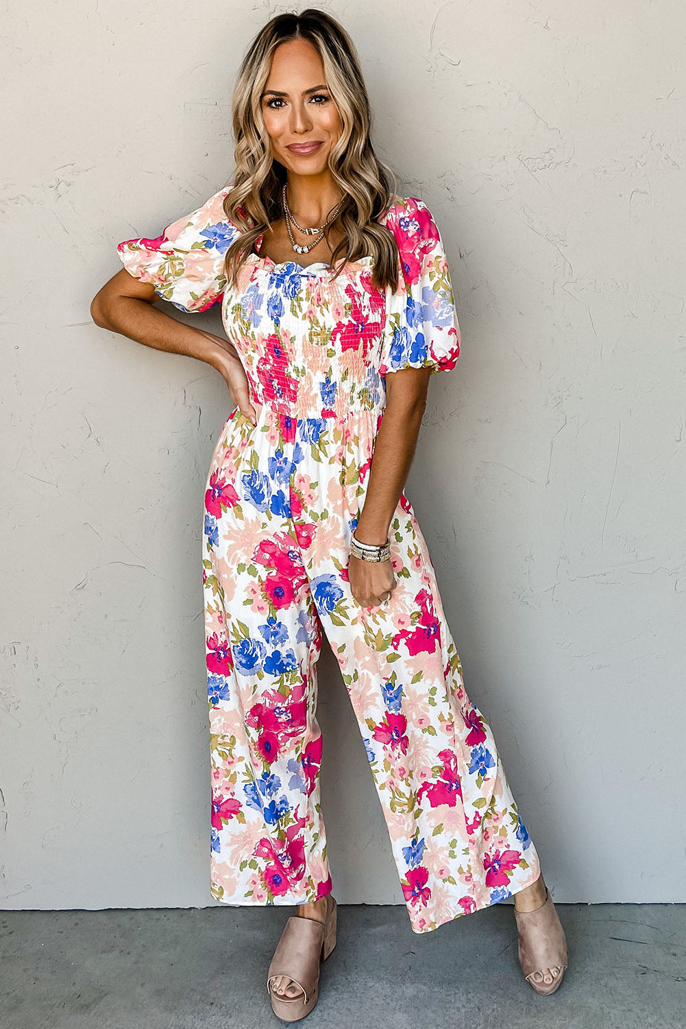 Multicolor Floral Print Smocked Puff Sleeve Jumpsuit