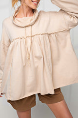 Beige Frill Exposed Seam Cowl Neck Oversized Sweatshirt