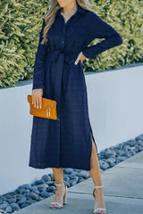 Blue Crinkle Textured Long Sleeve Shirt Dress with Belt