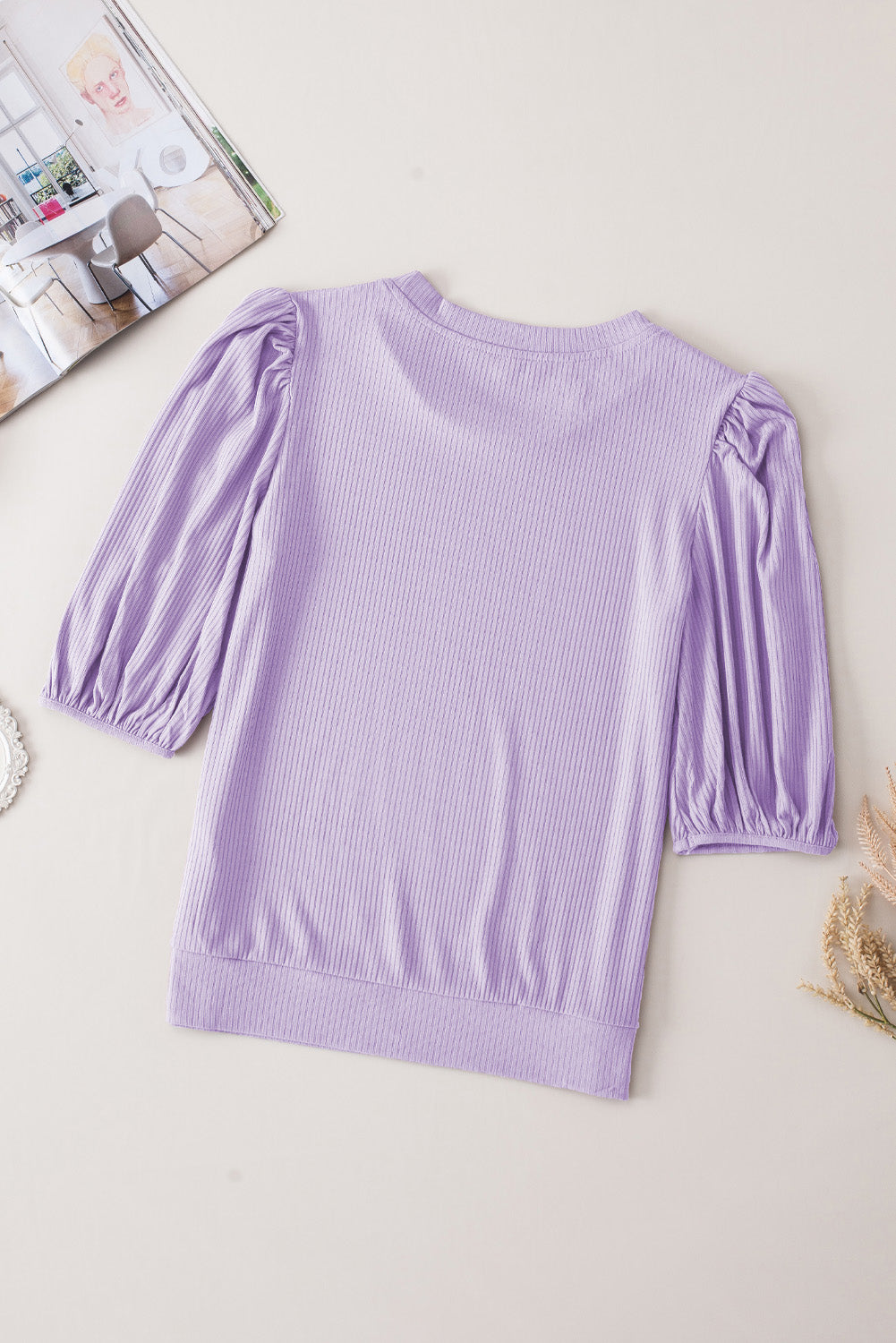 Purple Bubble Half Sleeves Ribbed Knit Top