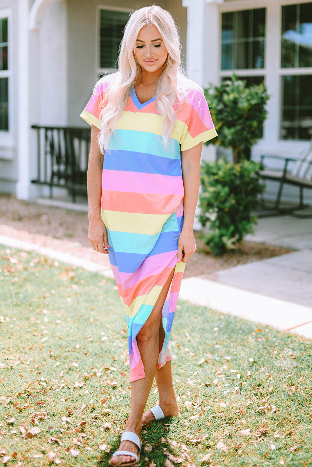 Multicolor Striped Print Tied Shoulder Flowy Tank Top