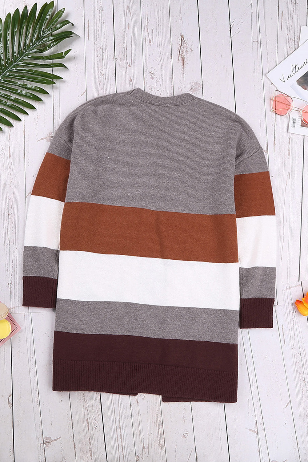 Khaki Open Front Colorblock Cardigan with Pockets