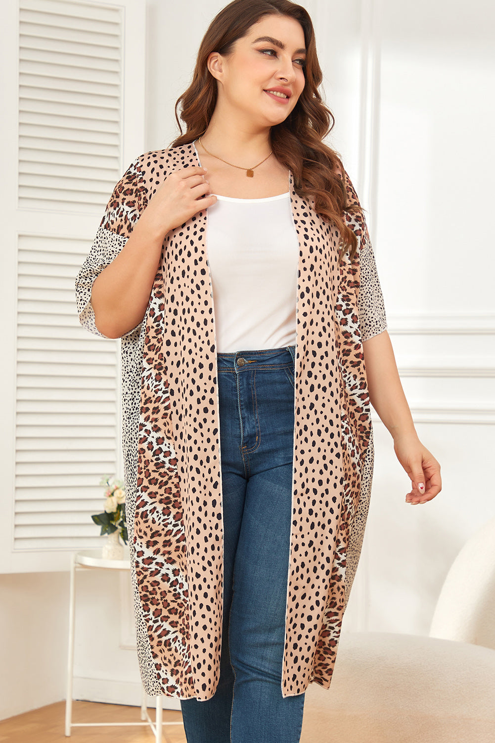 Plus Size Leopard Color Block Flowy Kimono