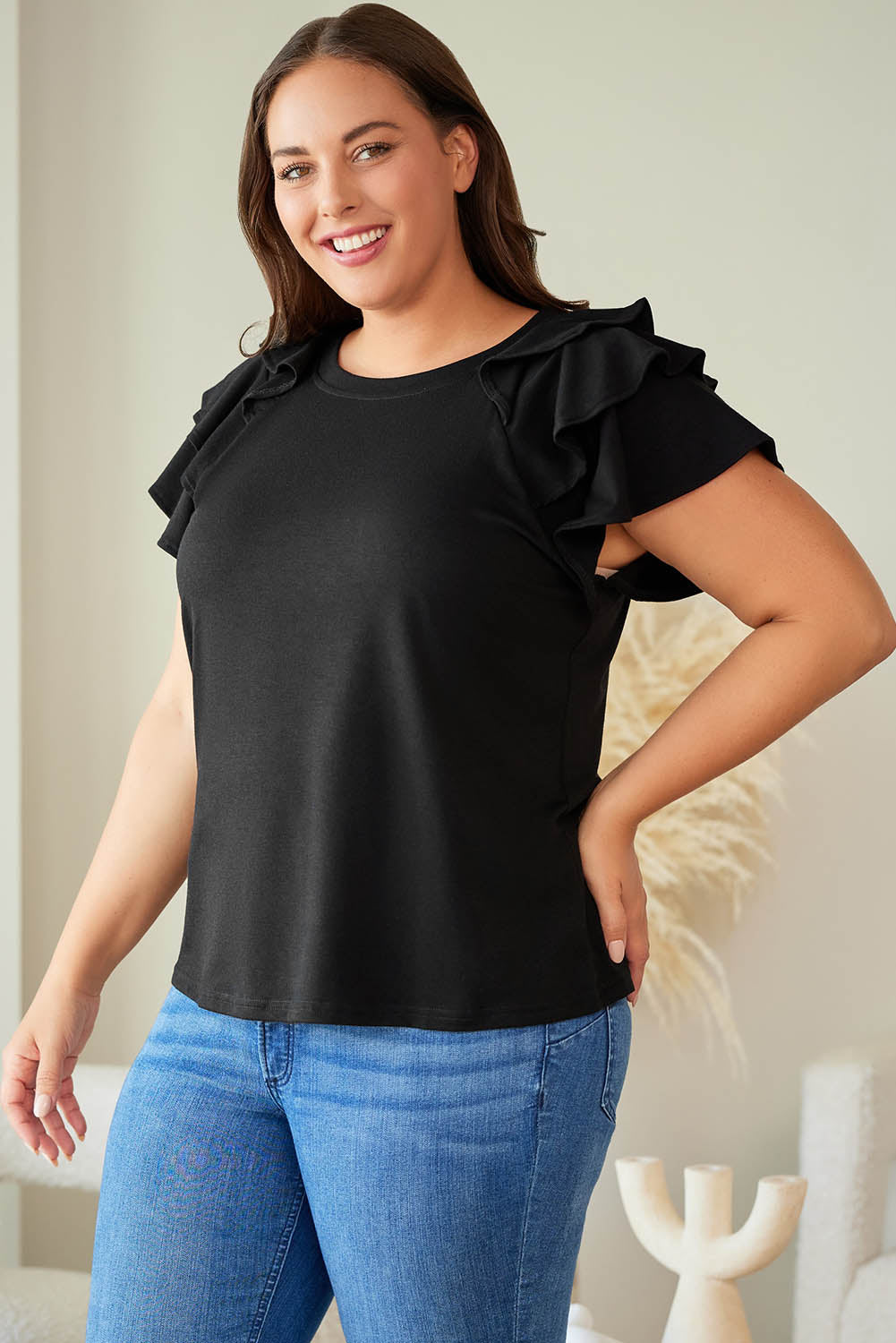 Black Plain Tiered Ruffled Short Sleeve T Shirt