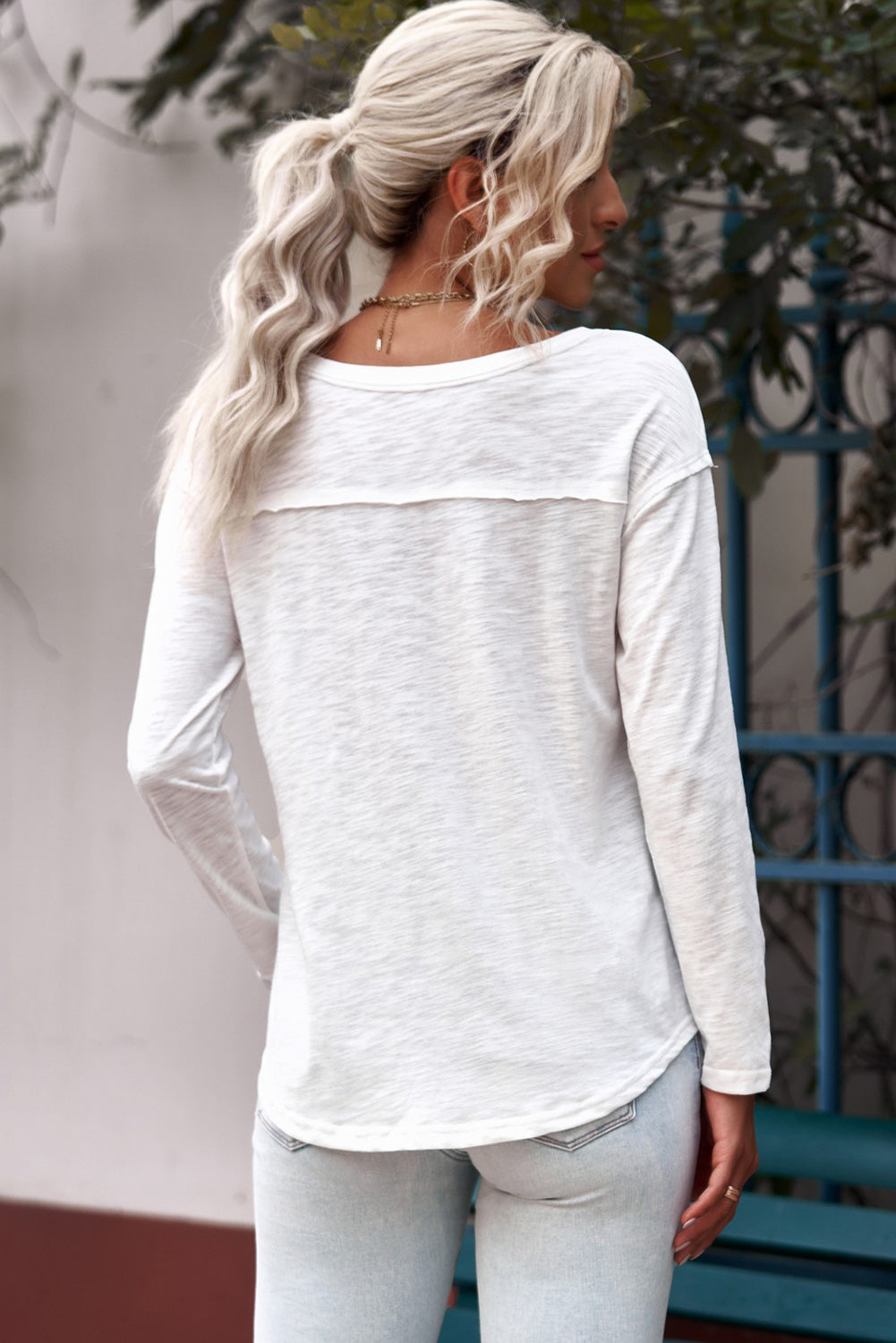 White Plain Basic Long Sleeve Tee with Pocket