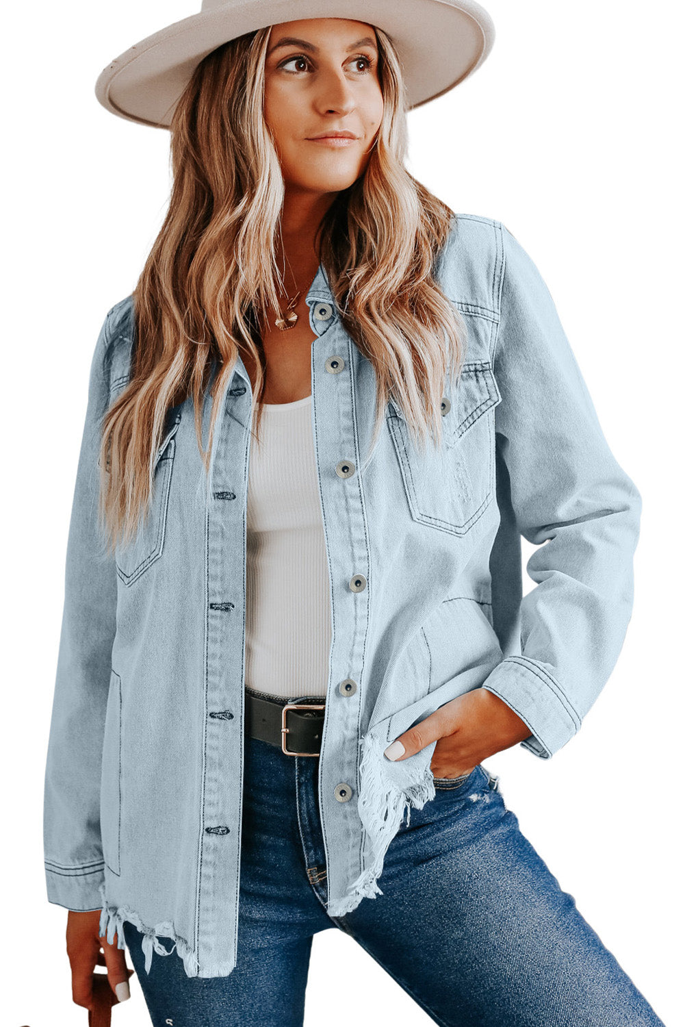 Sky Blue Flap Pocket Buttoned Raw Hem Denim Jacket