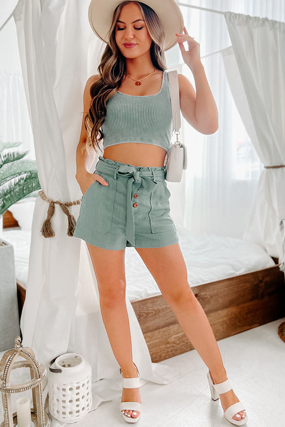 Green Button Fly Belted Paperbag Waist High Waist Casual Shorts