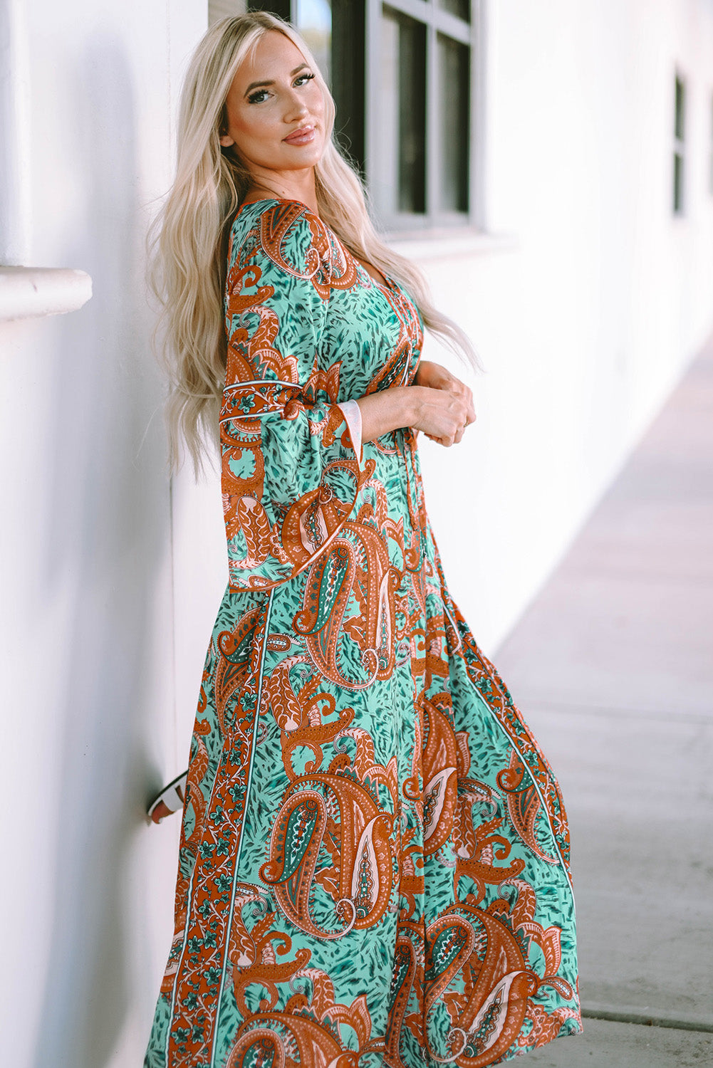Green Boho Paisley Mix Print Long Sleeve V-Neck Tie Maxi Dress