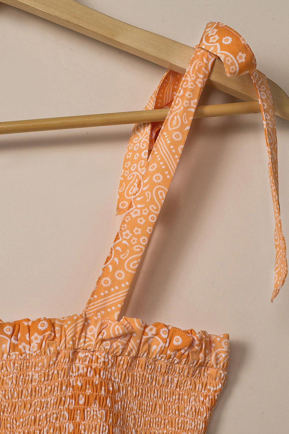 Orange Boho Floral Print Lace-up Straps Tiered Smocked Maxi Dress