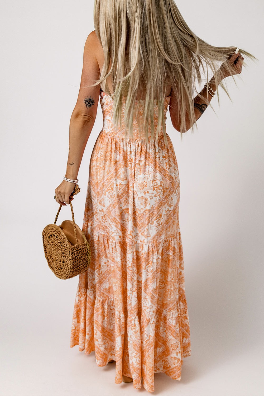 Orange O-ring Cut out Floral Print Strapless Maxi Dress