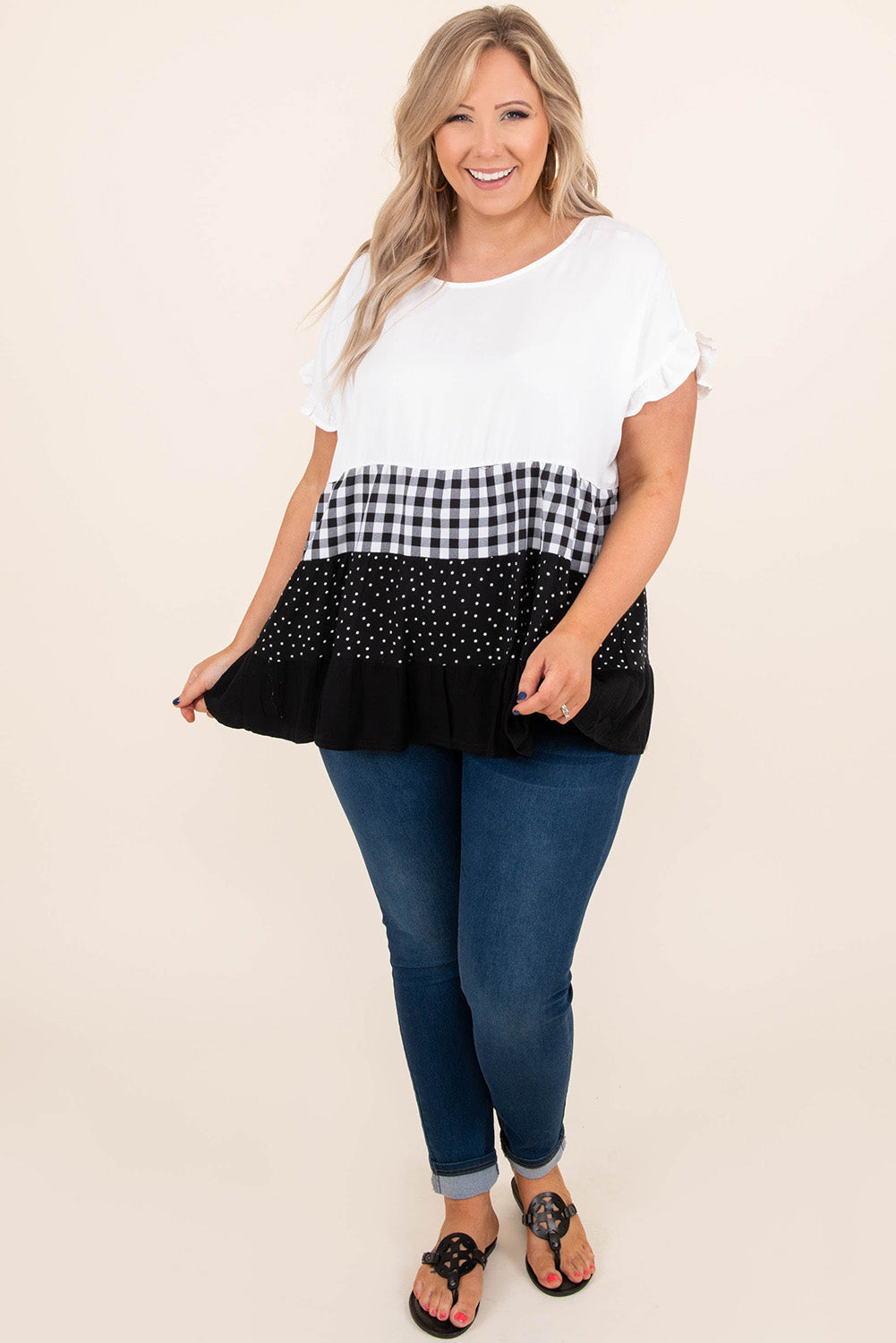 White Plaid Dot Ruffled Plus Size Babydoll Top