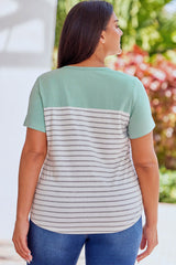Green Contrast Striped Plus Size Short Sleeve Tee
