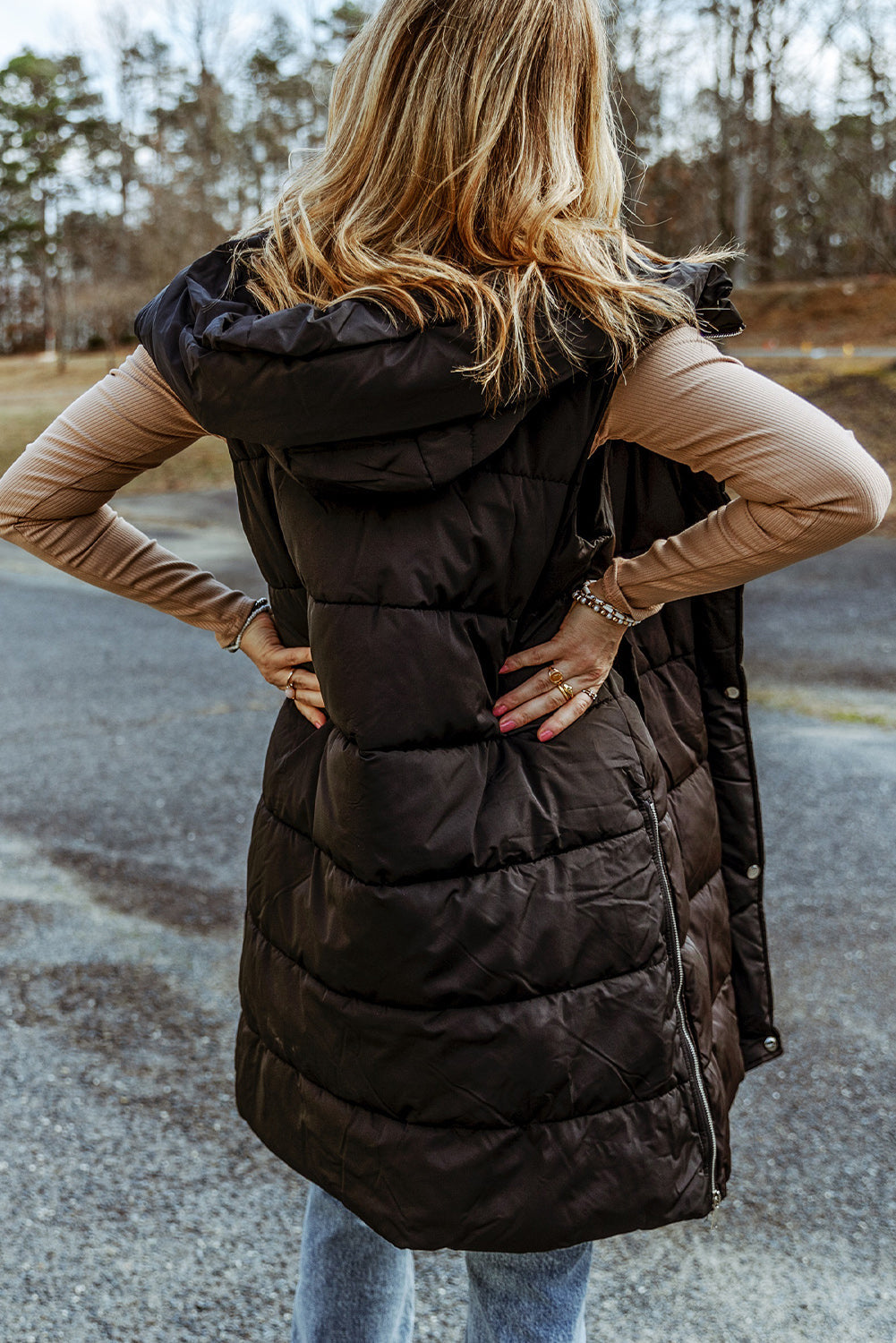 Dark Grey Hooded Long Quilted Vest Coat