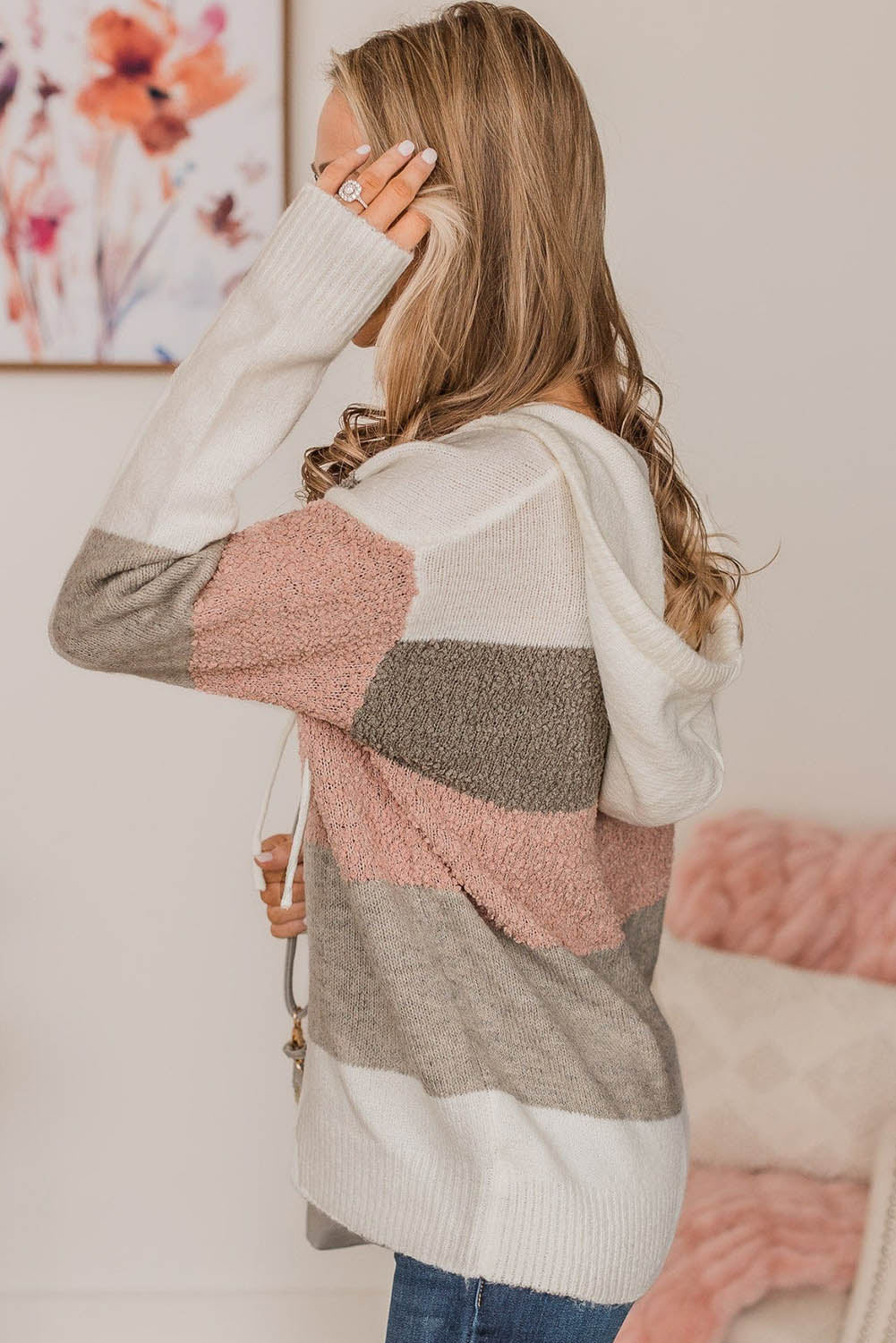 Pink Color Block Knitted Drawstring Hooded Sweater