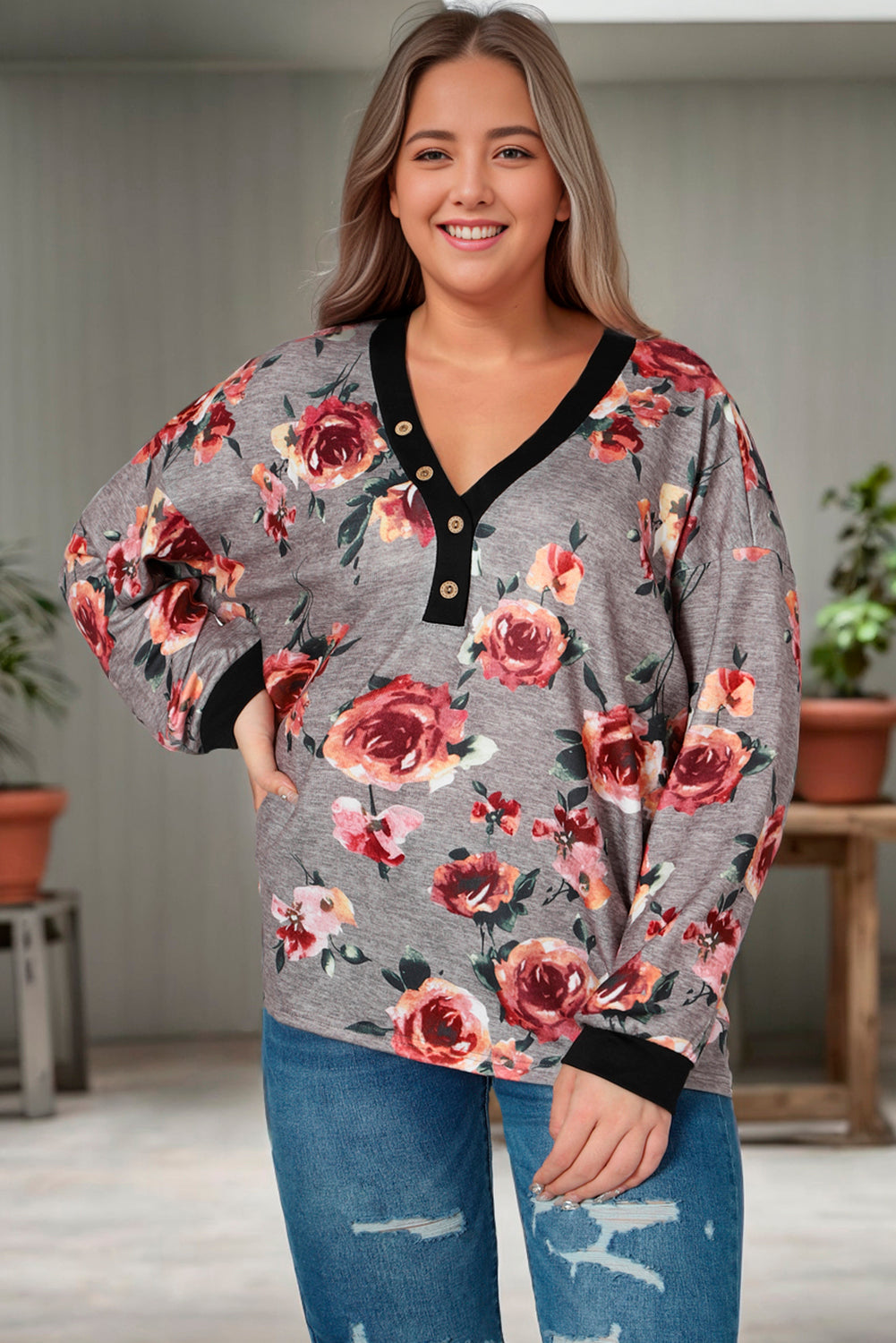 Gray Floral Long Sleeve Plus Size Henley Top