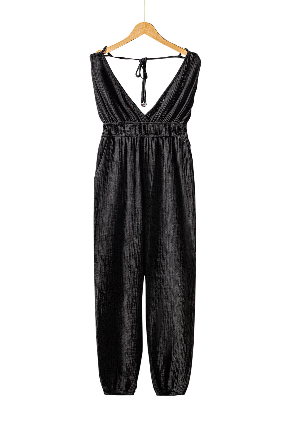 Black V Neck Knotted Shoulder Backless Pocket Jumpsuit