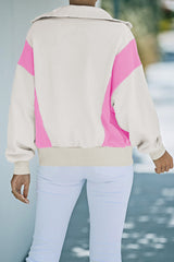 Beige Zipped Turn-down Collar Colorblock Drop Shoulder Sweatshirt