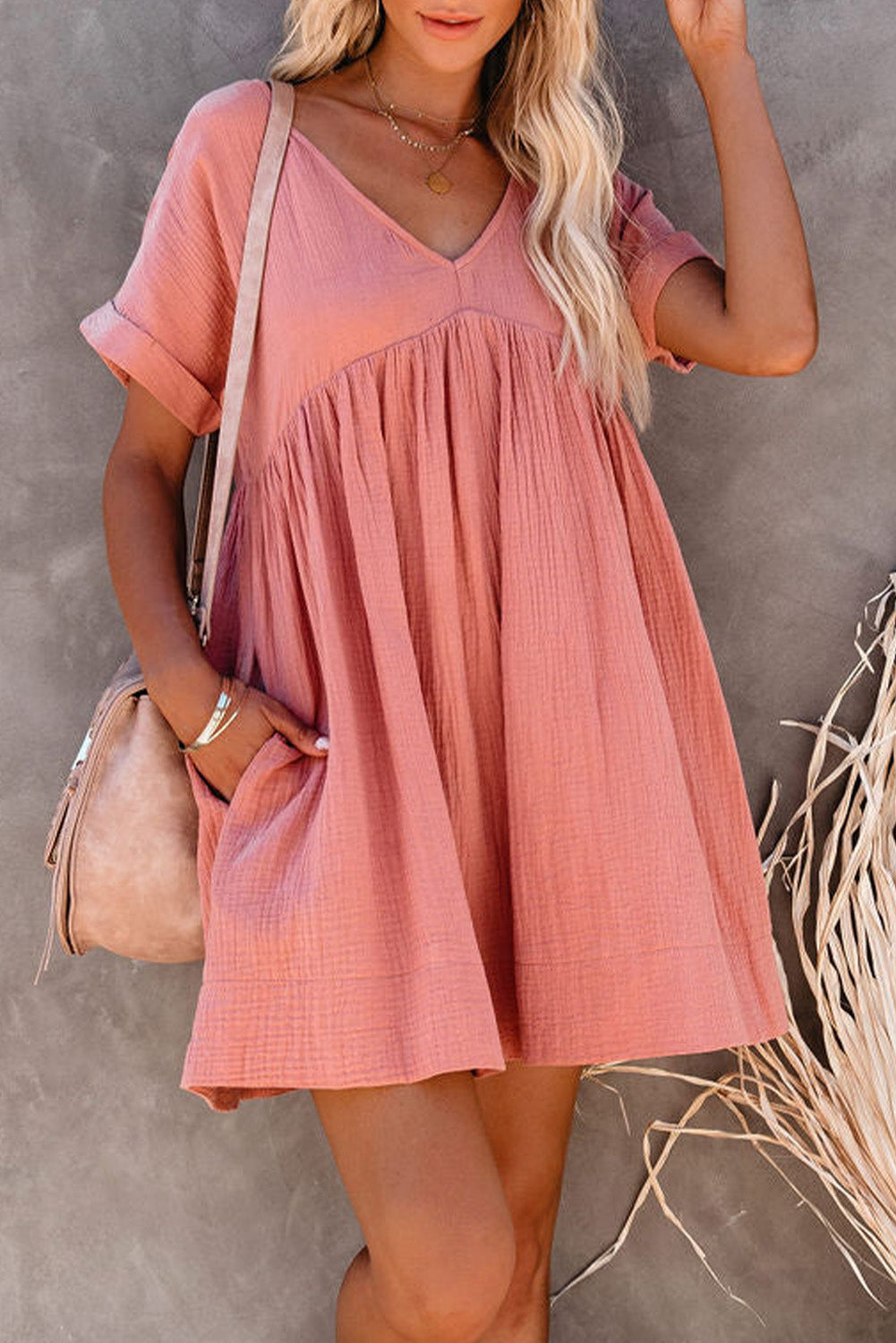 Gray Roll Up Short Sleeve V Neck Babydoll Mini Dress