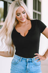 Black Solid Color Split Neck Short Sleeve Bodysuit