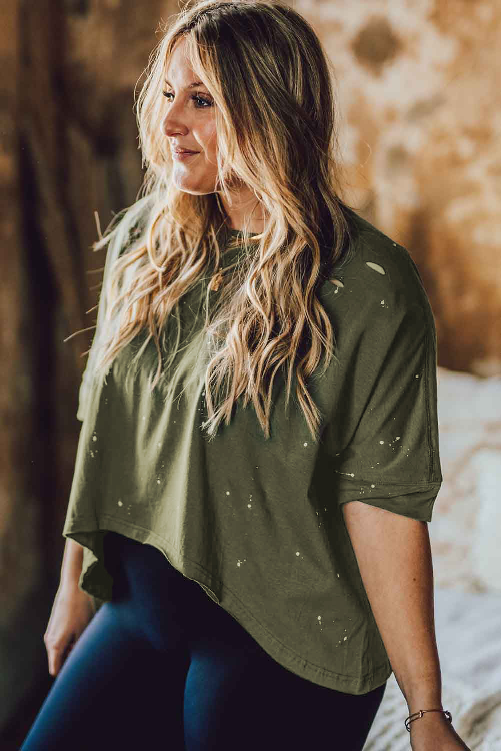 Pink Distressed Bleached Asymmetric Hem Short Sleeve Top