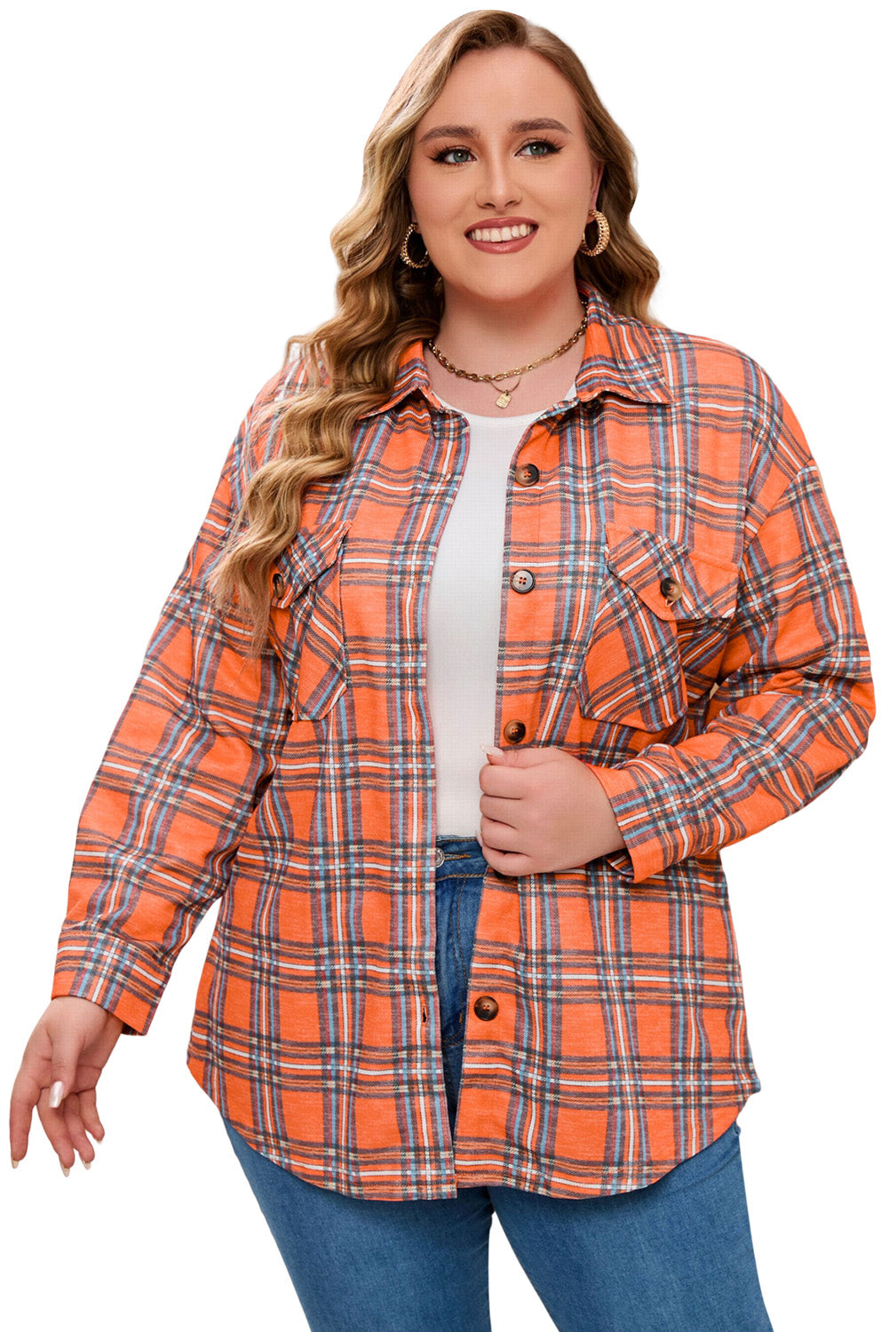 Orange Plus Size Plaid Pocketed Long Sleeve Shirt